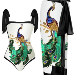 Animal Vacation Square Neck One Piece With Cover Up, One-Pieces, color:Green|size:S, Stylewe
