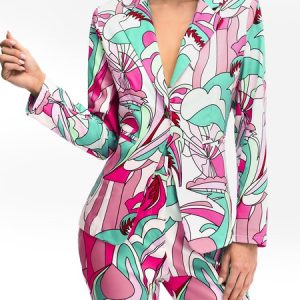 Work Abstract Printed Elegant Blazer, Blazers, color:Rose Red|size:XXL, Stylewe