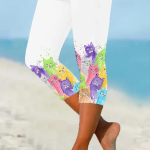 Women's Watercolor Funny Cat Print Stretch Leggings, Leggings, color:White|size:XXL, JustFashionNow