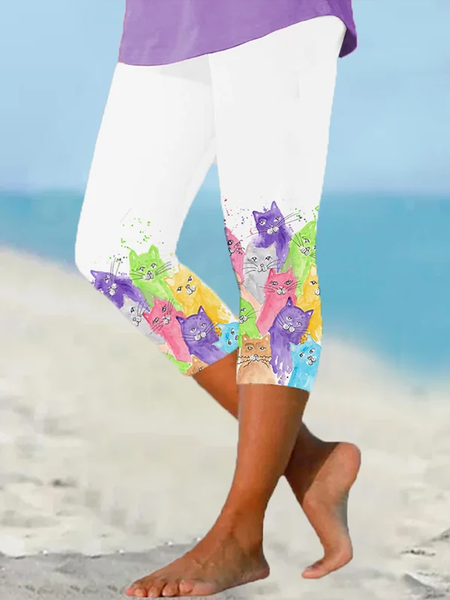 Women's Watercolor Funny Cat Print Stretch Leggings, Leggings, color:White|size:XXL, JustFashionNow