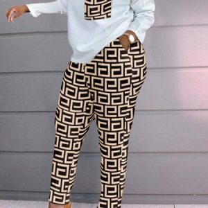 Casual Plaid Crew Neck Regular Fit Two-Piece Set, Suit Set, color:Deep Khaki|size:XXL, JustFashionNow