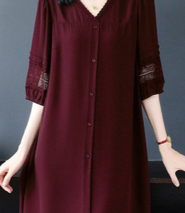 V Neck Plain Lace Edge Buckle Half Sleeve Casual Dress, Short, color:Wine Red|size:5XL, Noracora