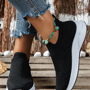 Women Minimalist Breathable Slip On Flyknit Sneakers, Sneakers, color:Black|size:42, JustFashionNow