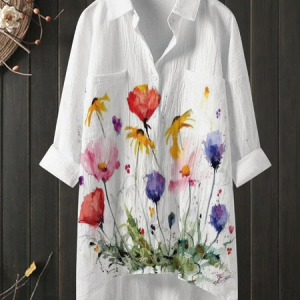 Regular Fit Casual Cotton-Blend Shawl Collar Blouse, Shirts & Blouses, color:White|size:XXL, JustFashionNow