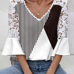 V Neck Urban Loose Geometric T-Shirt, T-Shirts, color:As Picture|size:3XL, JustFashionNow