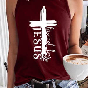 Women's Loved By Jesus With Cross Cotton-Blend Casual Tank Top, color:Red|size:3XL, Lilicloth.com