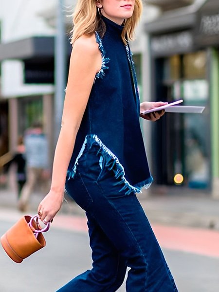 Stand Collar Plain Urban Sleeveless Shirt, Blouses and Shirts, color:Blue|size:XXL, Stylewe