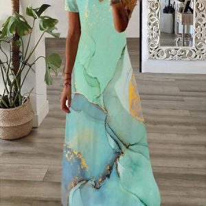 Random Print V Neck Casual Dress, Casual Dresses, color:mint|size:XXL, JustFashionNow