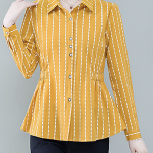Shirt Collar Long Sleeve Striped Buckle Regular Loose TUNIC Blouse For Women, Shirts, color:Yellow|size:3XL, Noracora