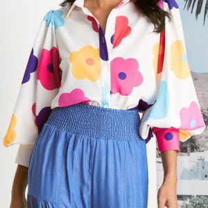 Stylewe Floral Shirt Collar Loose Vacation Blouse, Blouses and Shirts, color:Multicolor|size:XXL, Stylewe