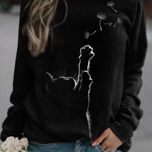 JFN Dandelion Cat Long Sleeves Sweatshirts, Sweatshirts & Hoodies, color:Black|size:XXL, JustFashionNow