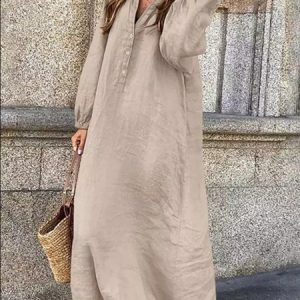 Casual Plain Cotton And Linen Dress With No, Dresses, color:Khaki|size:5XL, JustFashionNow