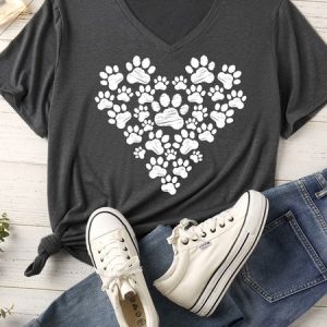 Women's Dog Paws Hearts Matching V Neck T-Shirt, color:Gray|size:XXL, Lilicloth.com