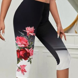 JFN Floral Design Color Block Casual High-stretch Knitted Capris Leggings, Leggings, color:Black|size:XXL, JustFashionNow