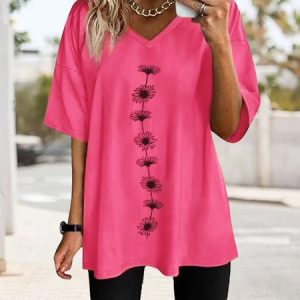 Casual Crew Neck Floral Two-Piece Set, Suit Set, color:Deep Pink|size:XXL, JustFashionNow