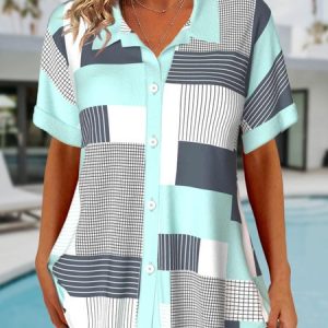 Casual Buckle Loose Geometric Shirt, Shirts & Blouses, color:Light Blue|size:XXL, JustFashionNow