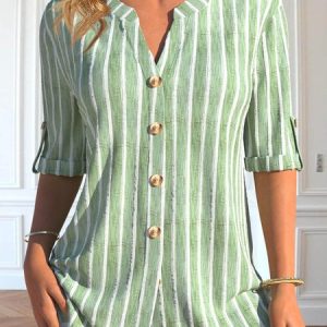 Striped Notched Casual Buttoned Long Sleeve Loose Blouse, Shirts & Blouses, color:Green|size:XXL, JustFashionNow