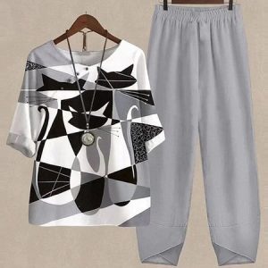 Comfy Grey Print Cat Two Piece Set, Suit Set, color:Gray|size:XXL, JustFashionNow