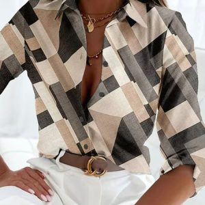 Casual Shirt Collar Geometric Printed Blouse, Shirts & Blouses, color:Khaki|size:XXL, JustFashionNow