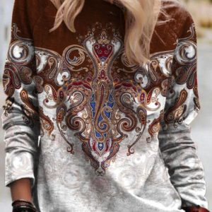 Casual Ethnic Floral Design Crew Neck Sweatshirt, Sweatshirts & Hoodies, color:Brown|size:XXL, JustFashionNow