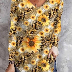 Casual Floral V Neck Long Sleeve T-shirt, T-shirts, color:Yellow|size:3XL, Noracora