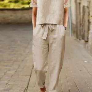 Crew Neck Casual Lace Two-Piece Set, Suit Set, color:Khaki|size:XXL, JustFashionNow