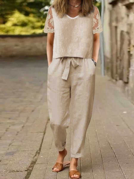 Crew Neck Casual Lace Two-Piece Set, Suit Set, color:Khaki|size:XXL, JustFashionNow
