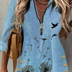 JFN Collar Dandelion Zipper Vacation Shirt, Shirts & Blouses, color:Blue|size:XXL, JustFashionNow