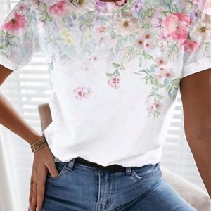 Printed Crew Neck Short Sleeve Cotton T-shirt, color:White|size:XXL, Lilicloth.com