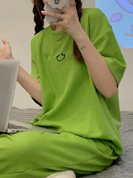 Casual Crew Neck Regular Sleeve Lounge Set, Loungewear & Sleepwear, color:Green|size:XXL, JustFashionNow