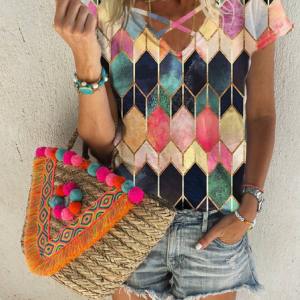 Short Sleeve Geometric Blouse, T-shirts, color:Multicolor|size:3XL, Noracora