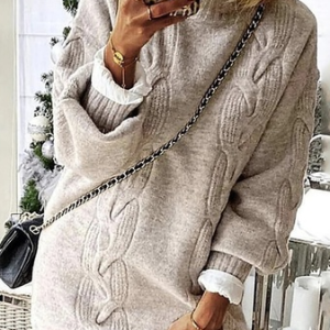Women Knitted Plain Long Sleeve Comfy Casual Sweater, Sweaters, color:Khaki|size:XXL, Noracora