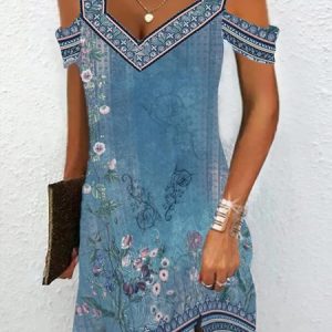 Women Mini Dress Floral V Neck Off Shoulder Loose Casual Short Dress, Short, color:Blue|size:XXL, catalog Noracora shop
