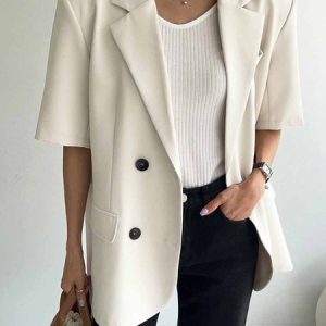 Loose Urban Plain Lapel Collar Blazer, Blazers, color:Off White|size:XXL, Stylewe