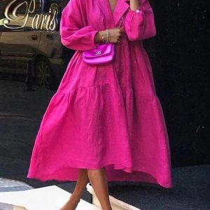 Plain Loose Lapel Collar Casual Dress, Maxi Dresses, color:Deep Pink|size:XXL, Stylewe
