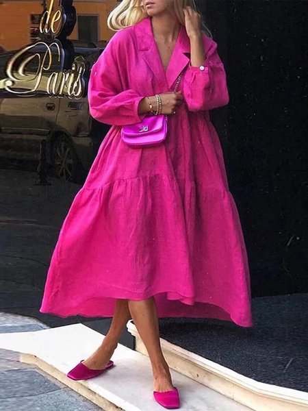 Plain Loose Lapel Collar Casual Dress, Maxi Dresses, color:Deep Pink|size:XXL, Stylewe