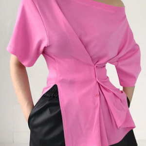 Loose Micro-Elasticity Short sleeve Urban Plain Asymmetrical Shirt, Blouses and Shirts, color:Pink|size:XXL, Stylewe