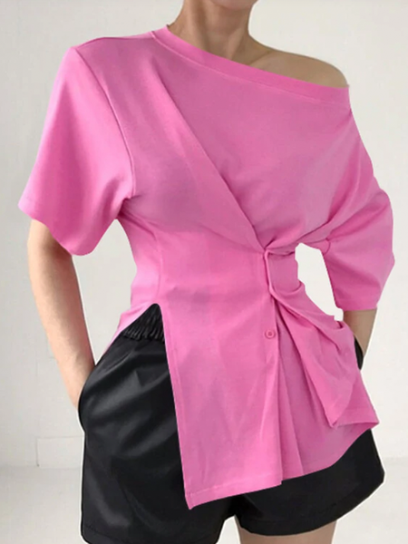 Loose Micro-Elasticity Short sleeve Urban Plain Asymmetrical Shirt, Blouses and Shirts, color:Pink|size:XXL, Stylewe