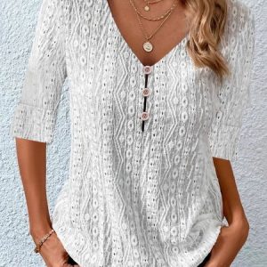 V Neck Long Sleeve Plain Hollow Out Regular Micro-Elasticity Loose Shirt For Women, Blouses, color:White|size:XXL, Noracora