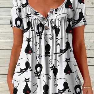 Women's Cat Lover Print Casual Loose T-Shirt, T-shirts, Lilicloth.com