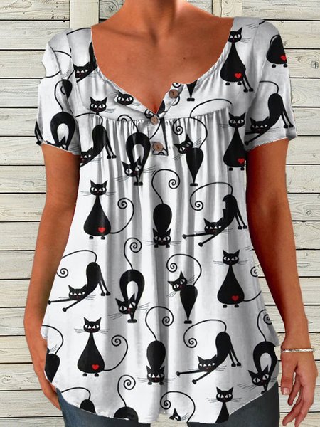 Women's Cat Lover Print Casual Loose T-Shirt, T-shirts, Lilicloth.com