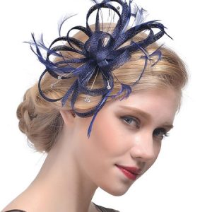 Elegant Mesh Applique Rhinestone Imitation Feather Party Hat Hair Clips, Headdress, color:Navyblue|size:One-size, Stylewe