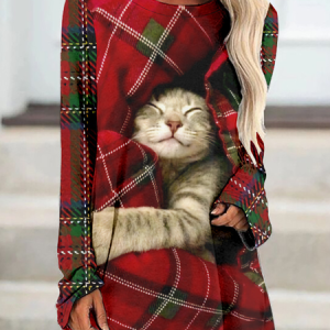 Women's Christmas Cat Plaid Crew Neck Long Sleeve Top, color:Red|size:4XL, Lilicloth.com