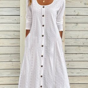 Crew Neck Plain Buckle Casual Dress, Dresses, color:White|size:XXL, JustFashionNow