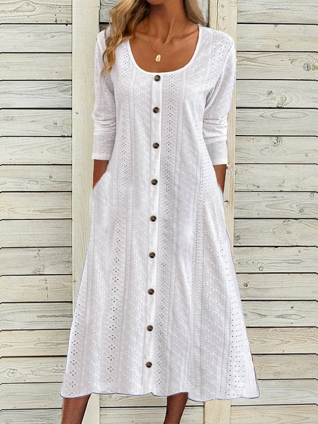 Crew Neck Plain Buckle Casual Dress, Dresses, color:White|size:XXL, JustFashionNow