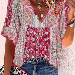 V Neck Boho Casual Half Sleeve Floral Blouse, Blouses, color:Red|size:3XL, Noracora
