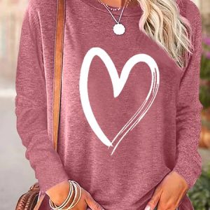 Women's Crew Neck Heart Simple Long Sleeve Top, color:Pink|size:3XL, Lilicloth.com