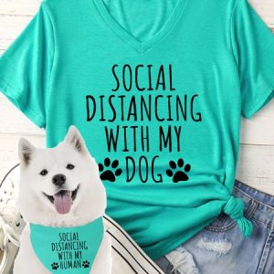 Women's Social Distancing With My Dog Matching V Neck T-Shirt, color:Green|size:XXL, Lilicloth.com
