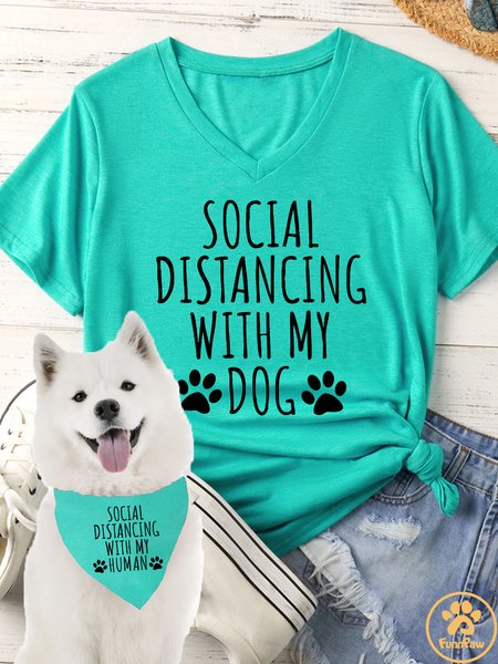 Women's Social Distancing With My Dog Matching V Neck T-Shirt, color:Green|size:XXL, Lilicloth.com