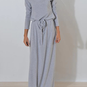 Plain Loose High Elasticity Crew Neck Long sleeve Casual Maxi Dress With Belt, Maxi Dresses, color:Gray|size:XXL, Stylewe